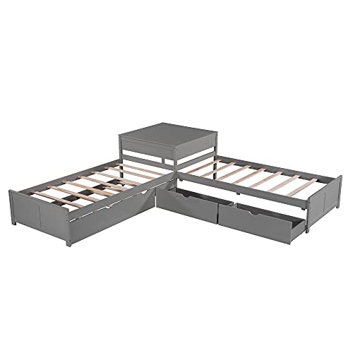 L-Shaped Corner Platform Bed with Trundle and Drawers Grey 7k