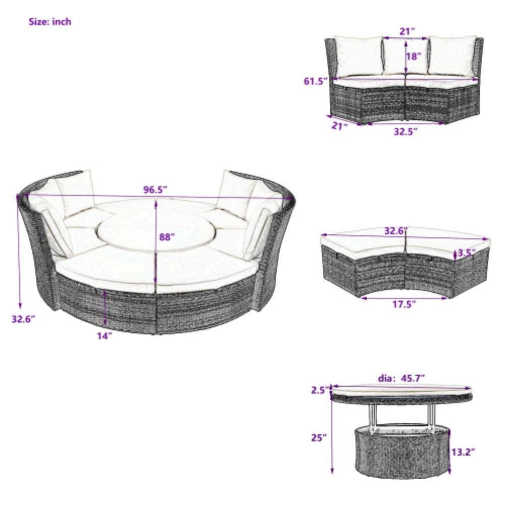 Patio 5-Piece Round Rattan Sectional Sofa Set with Liftable Table a7
