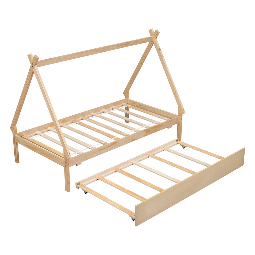 Twin Size Floor Bed with Trundle, Natural k7