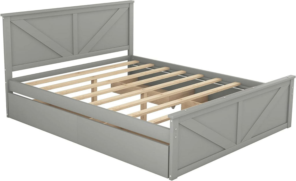 Queen Bed Frame with 4 Storage Drawers Wood Platform Gray k7