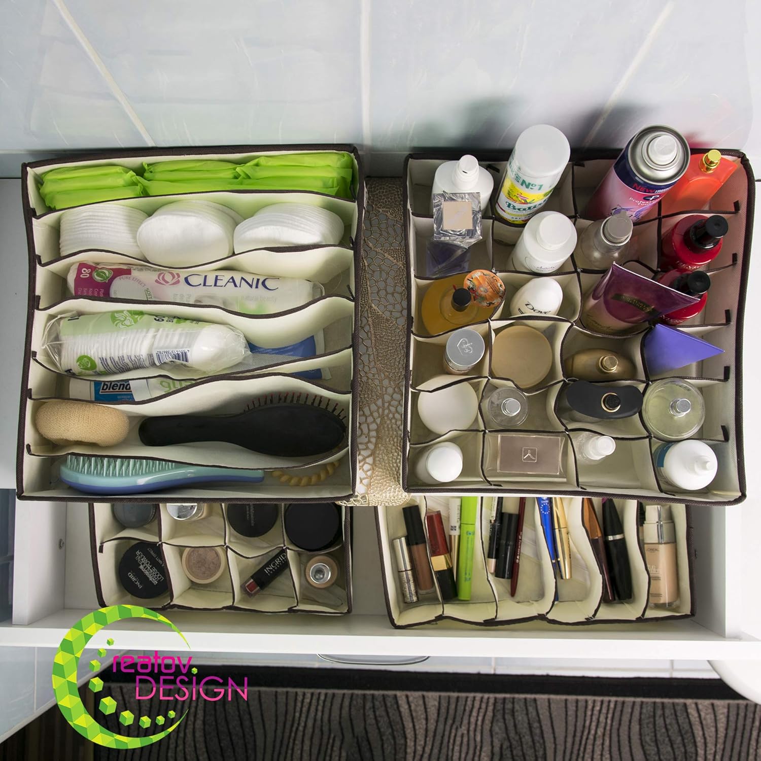 Fabric Storage Box Organizer Set of 4 Beige Collapsible q7