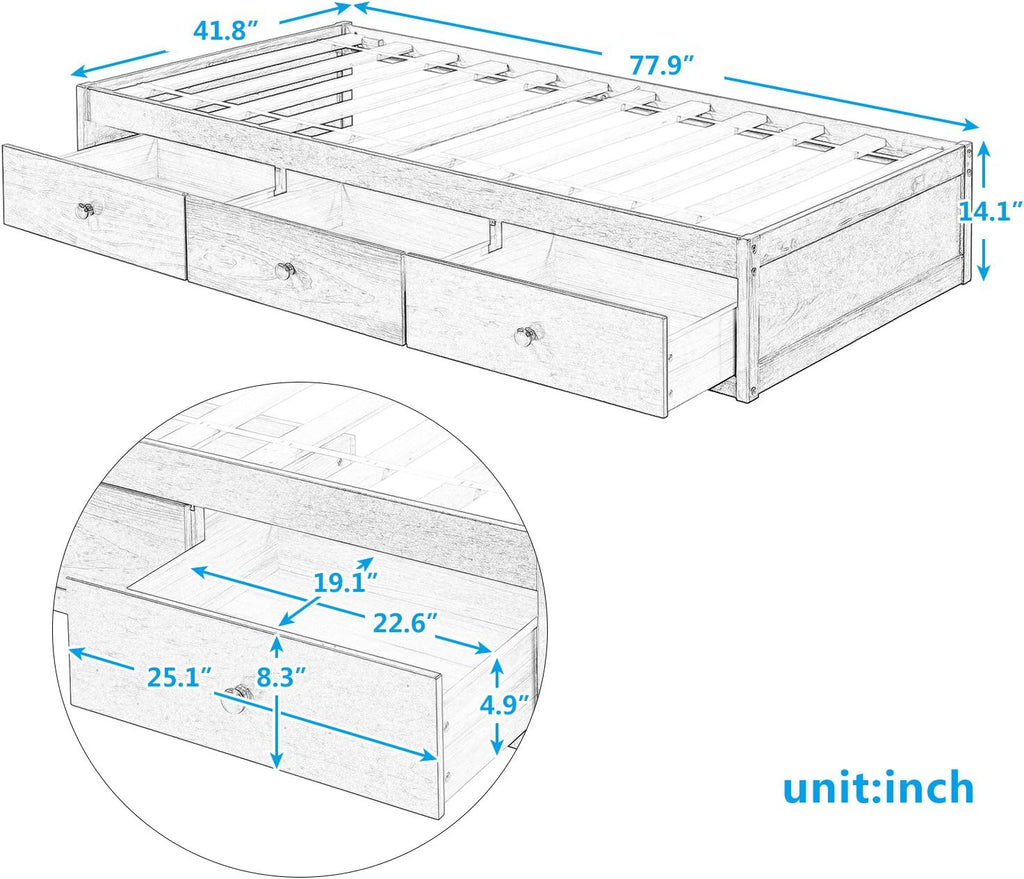 Storage Bed with 3 Drawers Wood Platform Frame k7