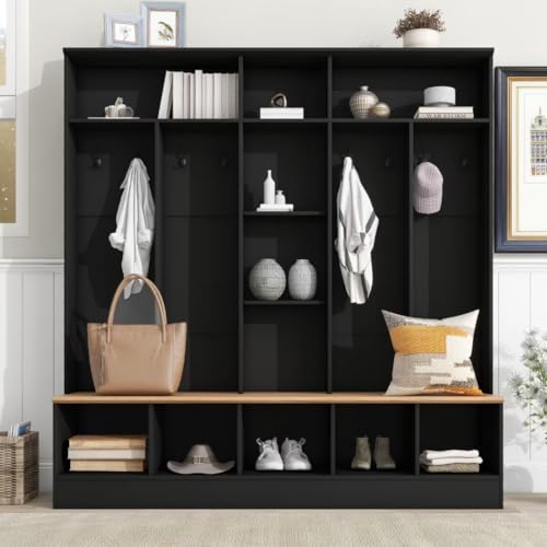 72" H Wide Design Hall Tree with Storage Bench, Minimalist Shoe Cabinet with Cube Storage & Shelves, Multifunctional Coat Rack with 8 Hooks for Entryways, Mudroom, Black