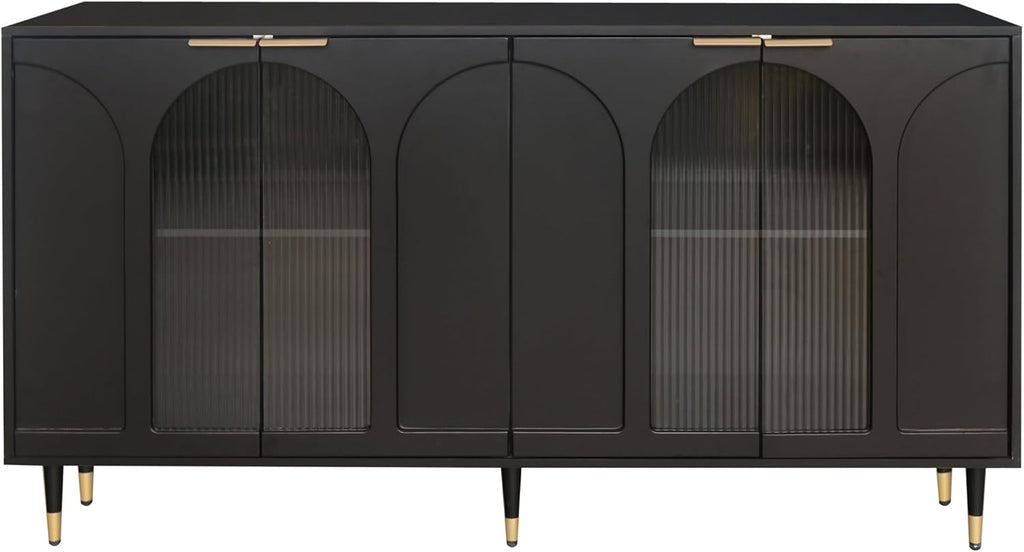 Buffet Cabinet with Locked Storage, Black Wood and Glass Doors m7