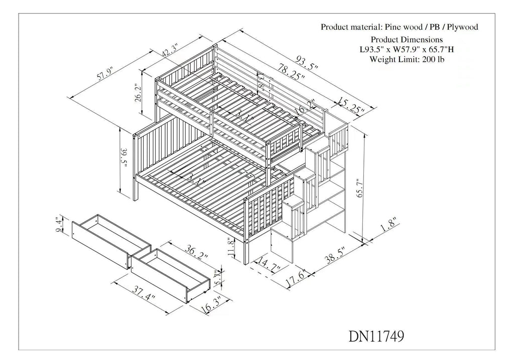 Twin Bunk Bed with Stairs and Drawers, Converts to 2 Beds a7