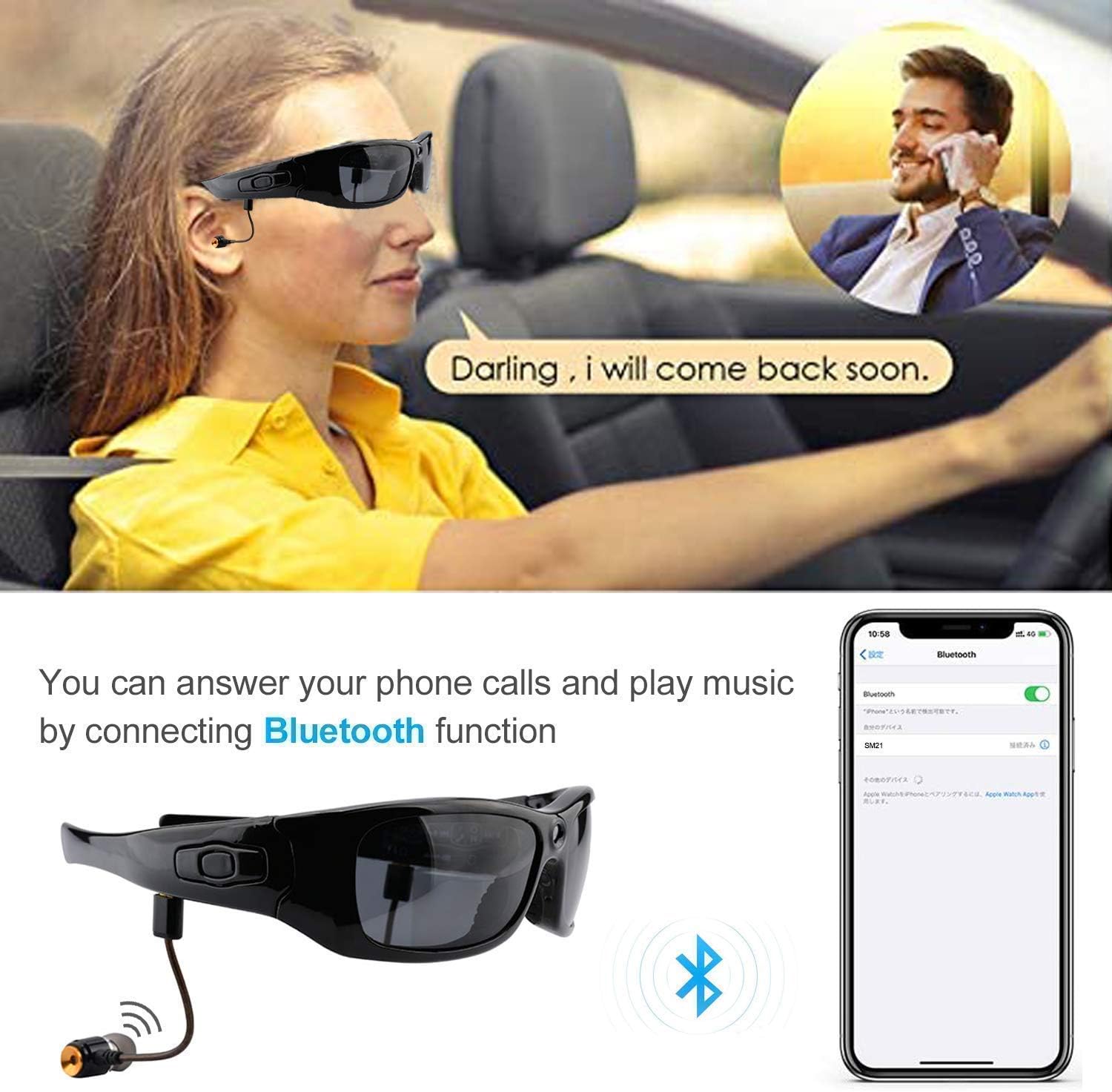 Bluetooth Sunglasses Camera Full HD 1080P Sports Polarized UV Protection A7
