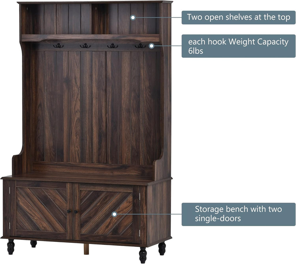 Hall Tree with 4 Hooks and Storage Bench Brown 7k