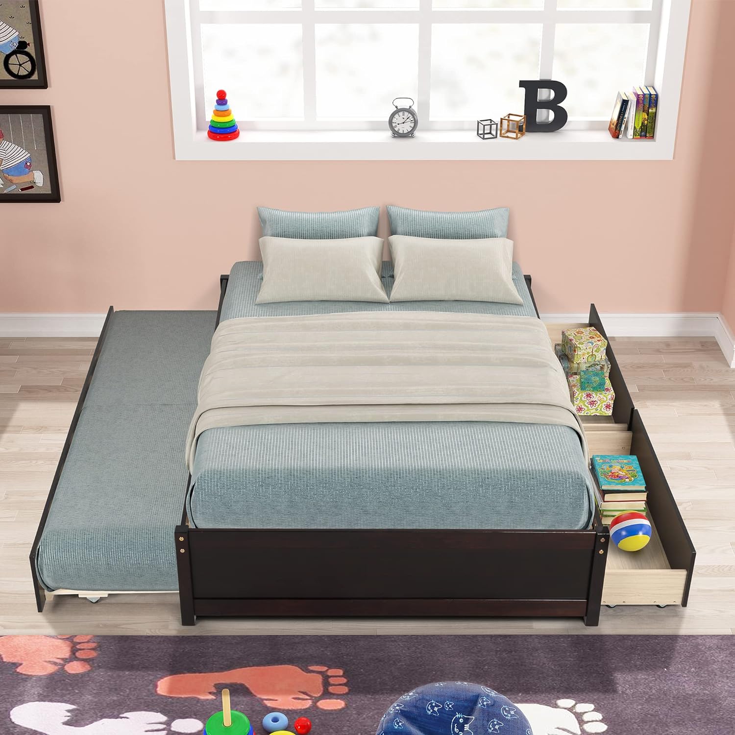 Full Platform Bed with Trundle and Drawers Espresso k7