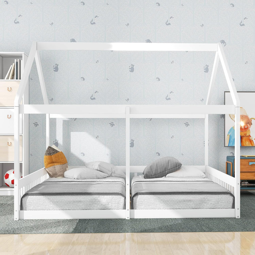 Kids Double Bed Wooden Floor Tent Style White A7