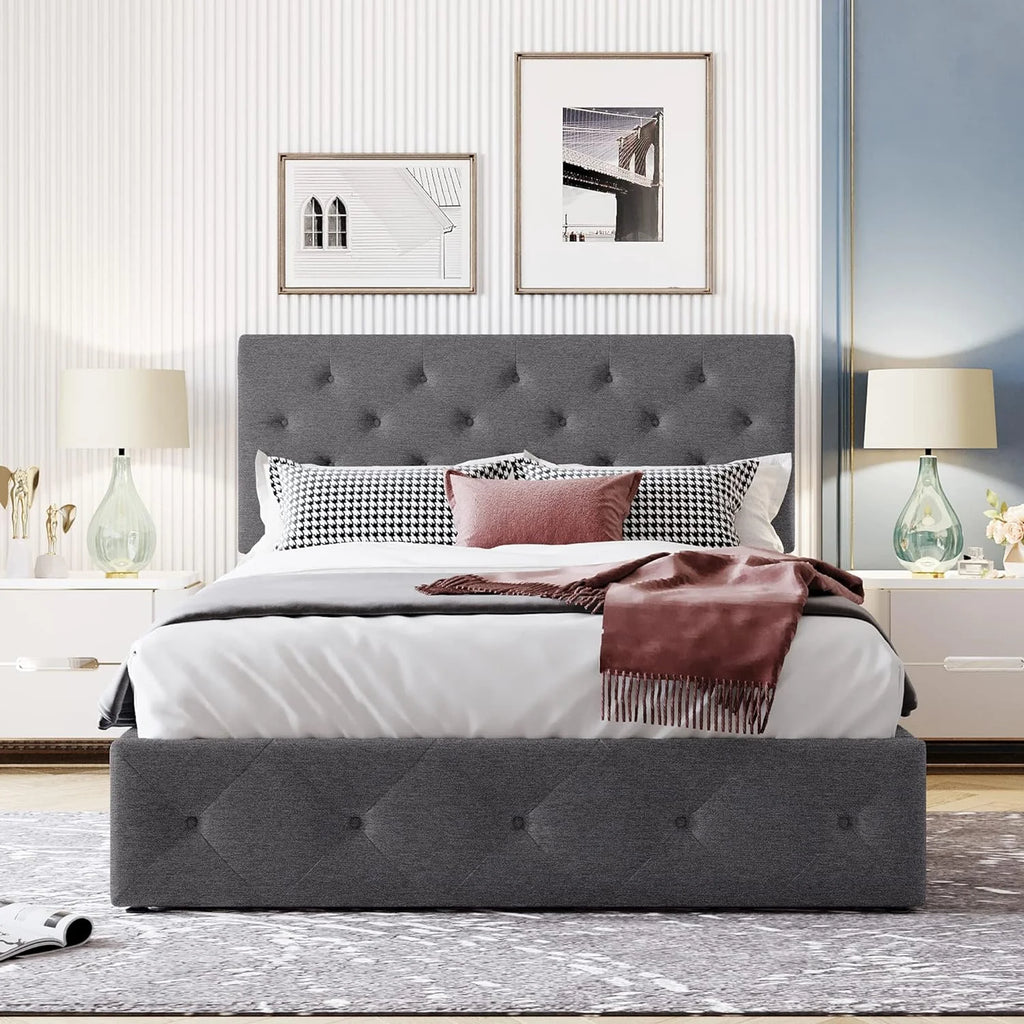 Upholstered Platform Bed with Gas Lift Storage Grey k7