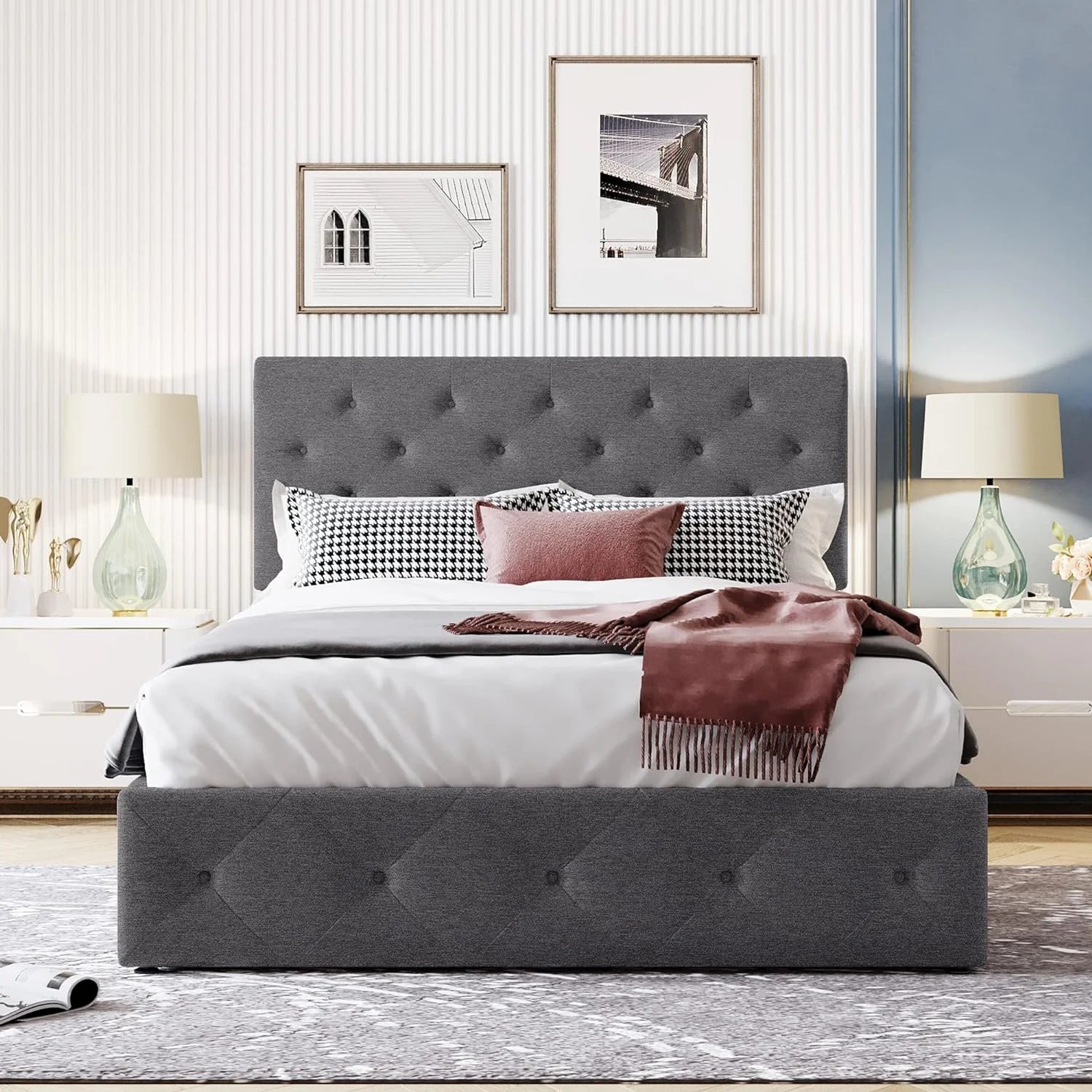 Upholstered Platform Bed with Gas Lift Storage Grey k7