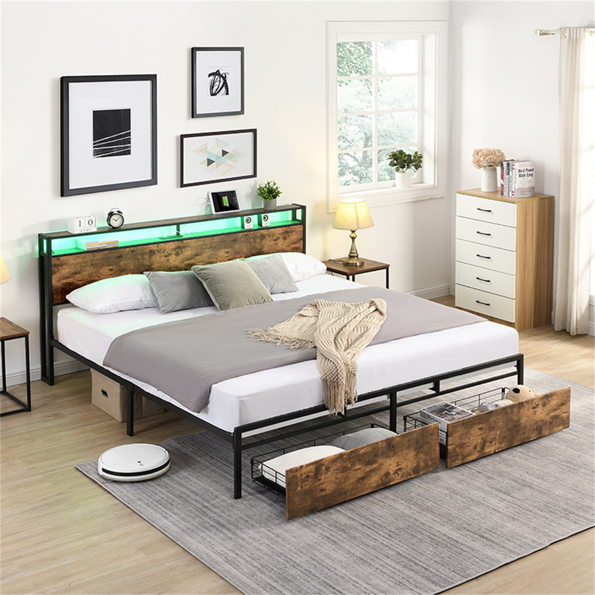 Bed Frame with Storage Headboard and Charging Station k7