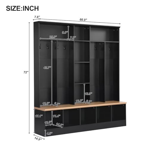 72" H Hall Tree with Storage Bench & Shoe Cabinet, Coat Rack with 8 Hooks, Black k7