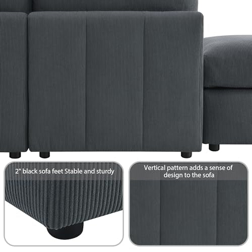 93" L-Shaped Sectional Sofa with 2 Ottomans, Dark Grey Corduroy q7