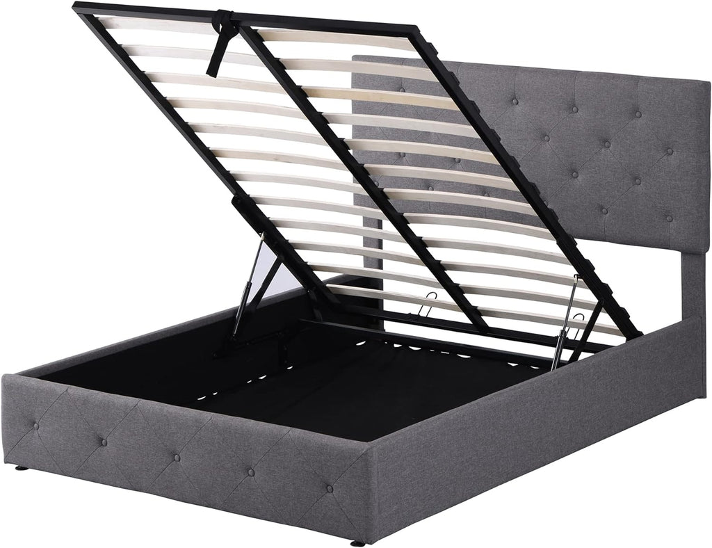 Upholstered Platform Bed with Gas Lift Storage Grey k7