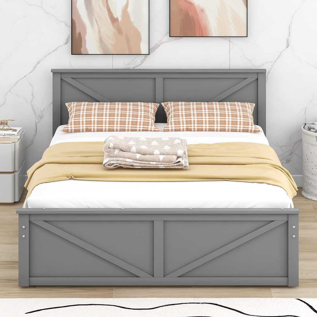 Queen Bed Frame with 4 Storage Drawers Wood Platform Gray k7