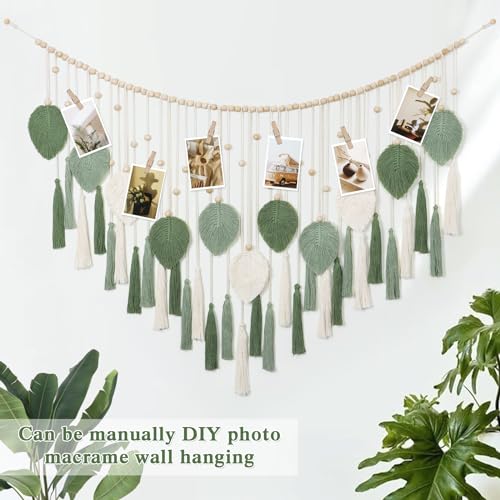 Macrame Wall Hanging Beige Green Boho Tapestry Wooden Beads Handmade Decor k7