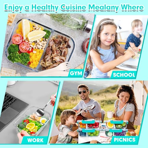 Glass Meal Prep Containers 2 Compartment 36OZ Airtight with Lids Grey k7