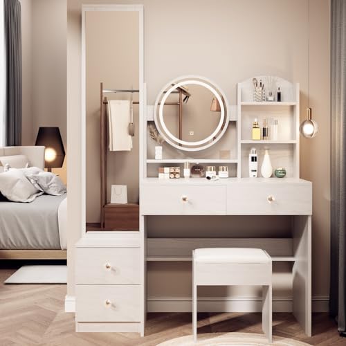 Makeup Vanity Set Touch Control 3 Color Brightness Adjustable Lights Mirror Dressing Table Set with Full Body Mirror Make up Desk with Cabinet Stool Simple Fashionable White Oak