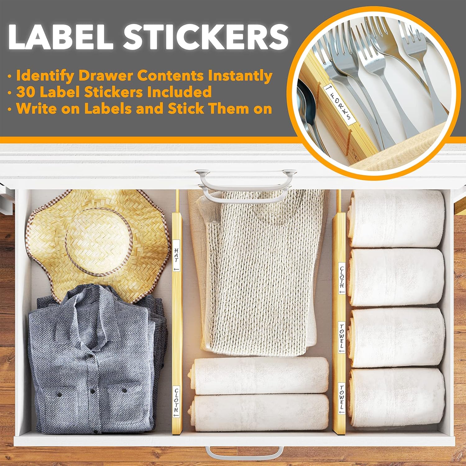 Bamboo Deep Drawer Dividers with Labels, Adjustable Organizer 2 Pack x7