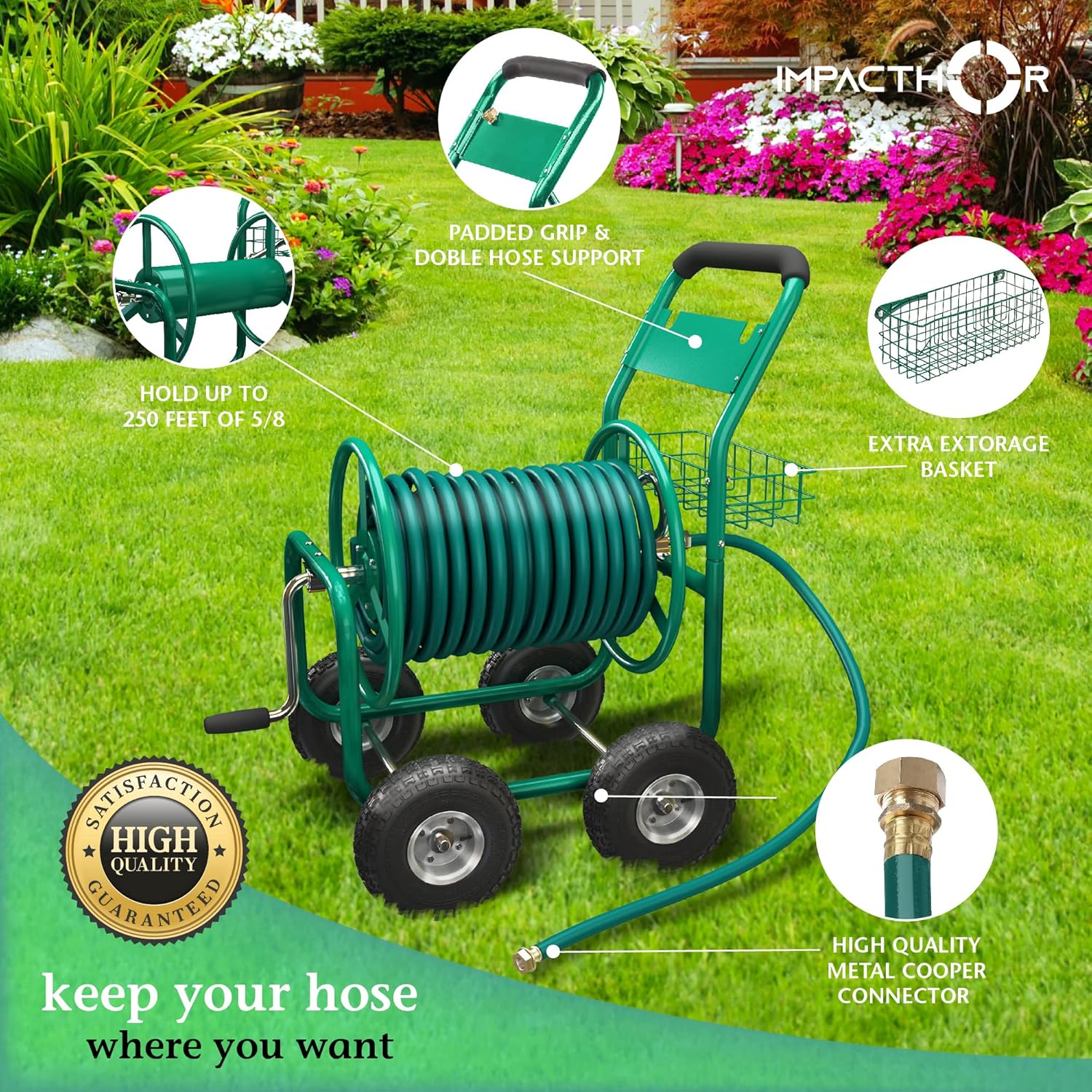 Garden Hose Reel Cart with Wheels, Heavy Duty, Waterproof Cover A7