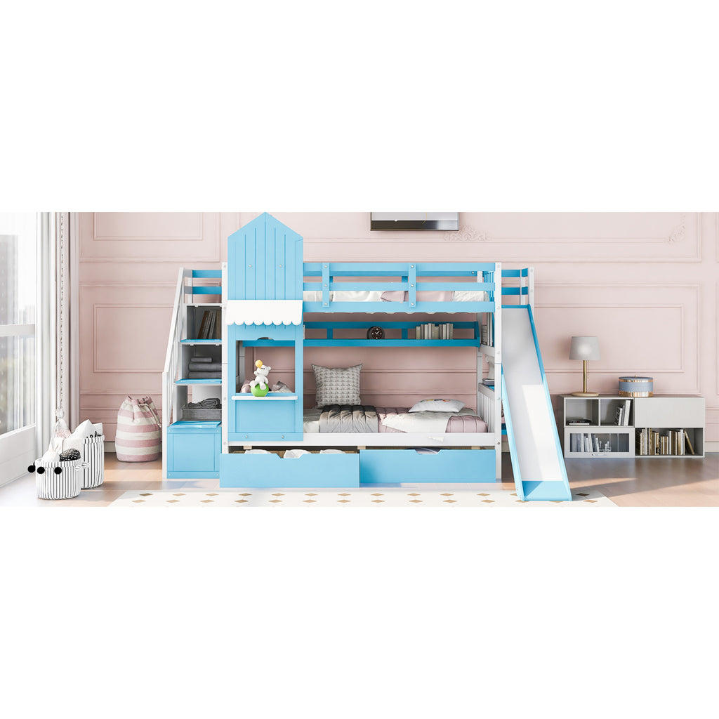 Kids Twin Bunk Bed with Slide and Drawers a7