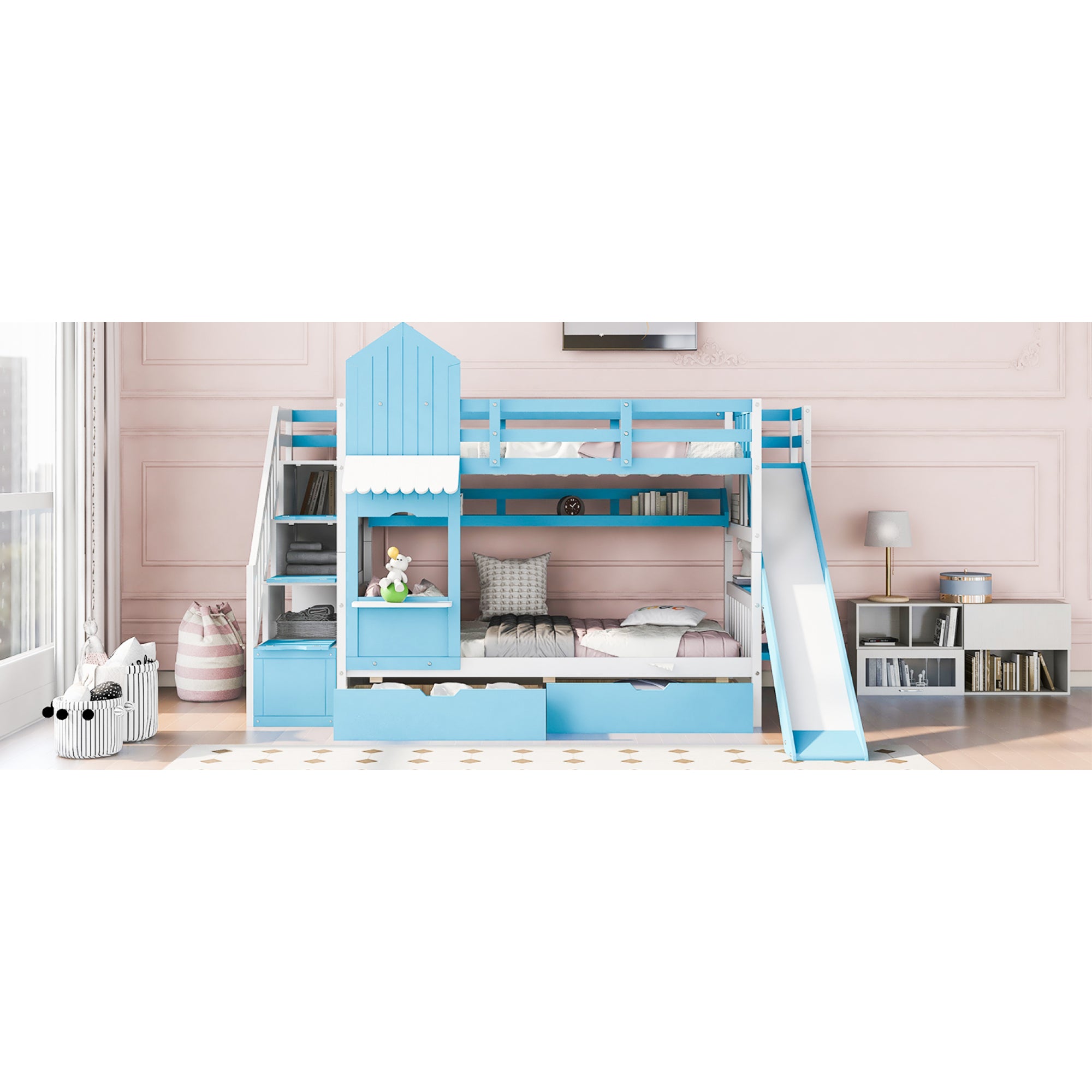 Kids Twin Bunk Bed with Slide and Drawers a7