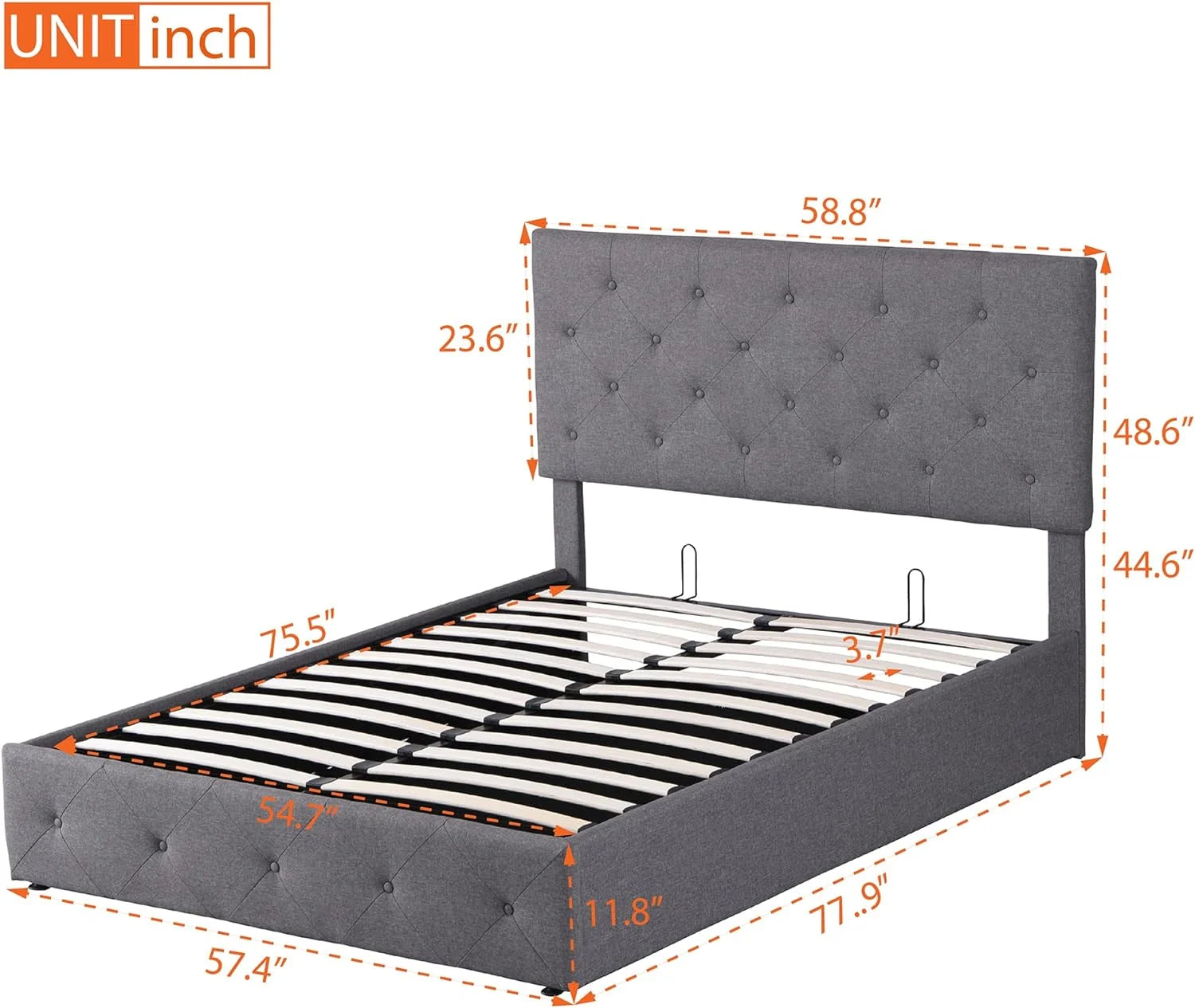 Upholstered Platform Bed with Gas Lift Storage Grey k7