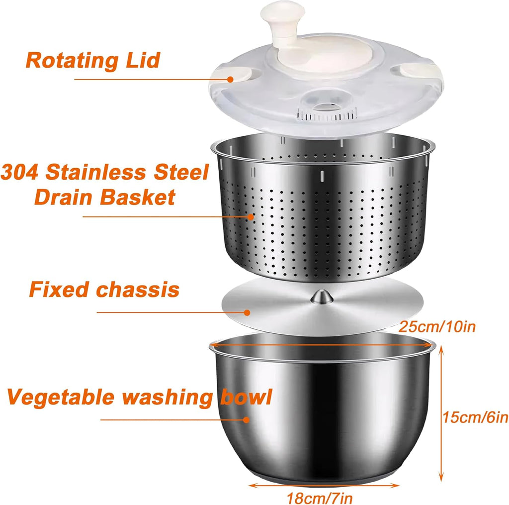 Large Salad Spinner 6L Stainless Steel with Washing Basket a7