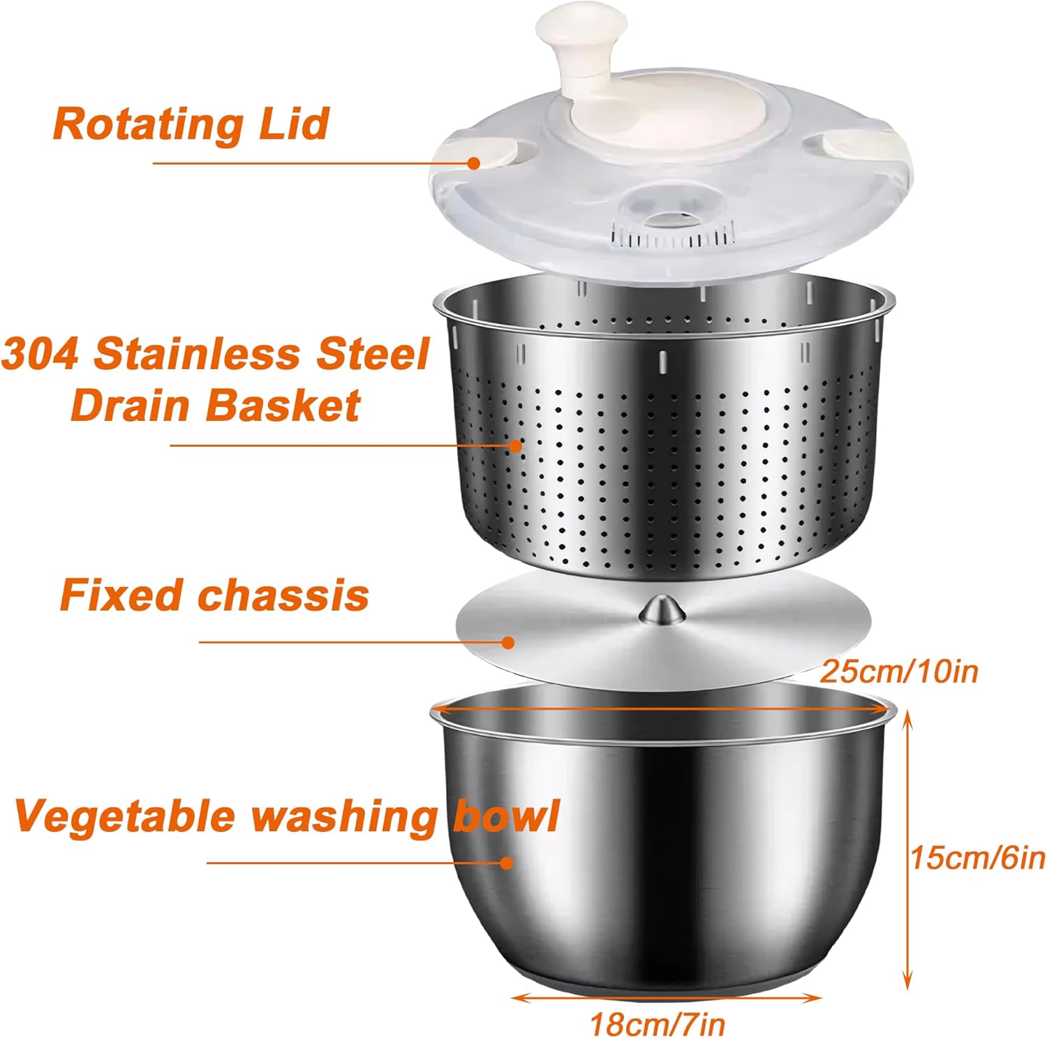 Large Salad Spinner 6L Stainless Steel with Washing Basket a7