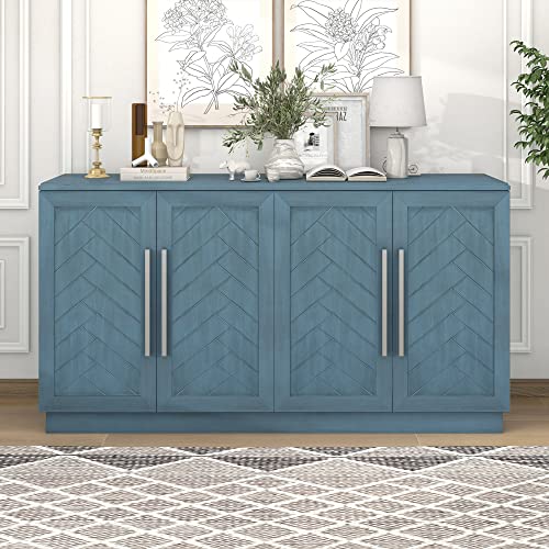 60" Sideboard Buffet Cabinet with Adjustable Shelves,Coffee Bar Cabinet with 4 Doors Accent Wood Buffet Table Entryway Cabinet Multifunctional Cupboard for Living Room(White)