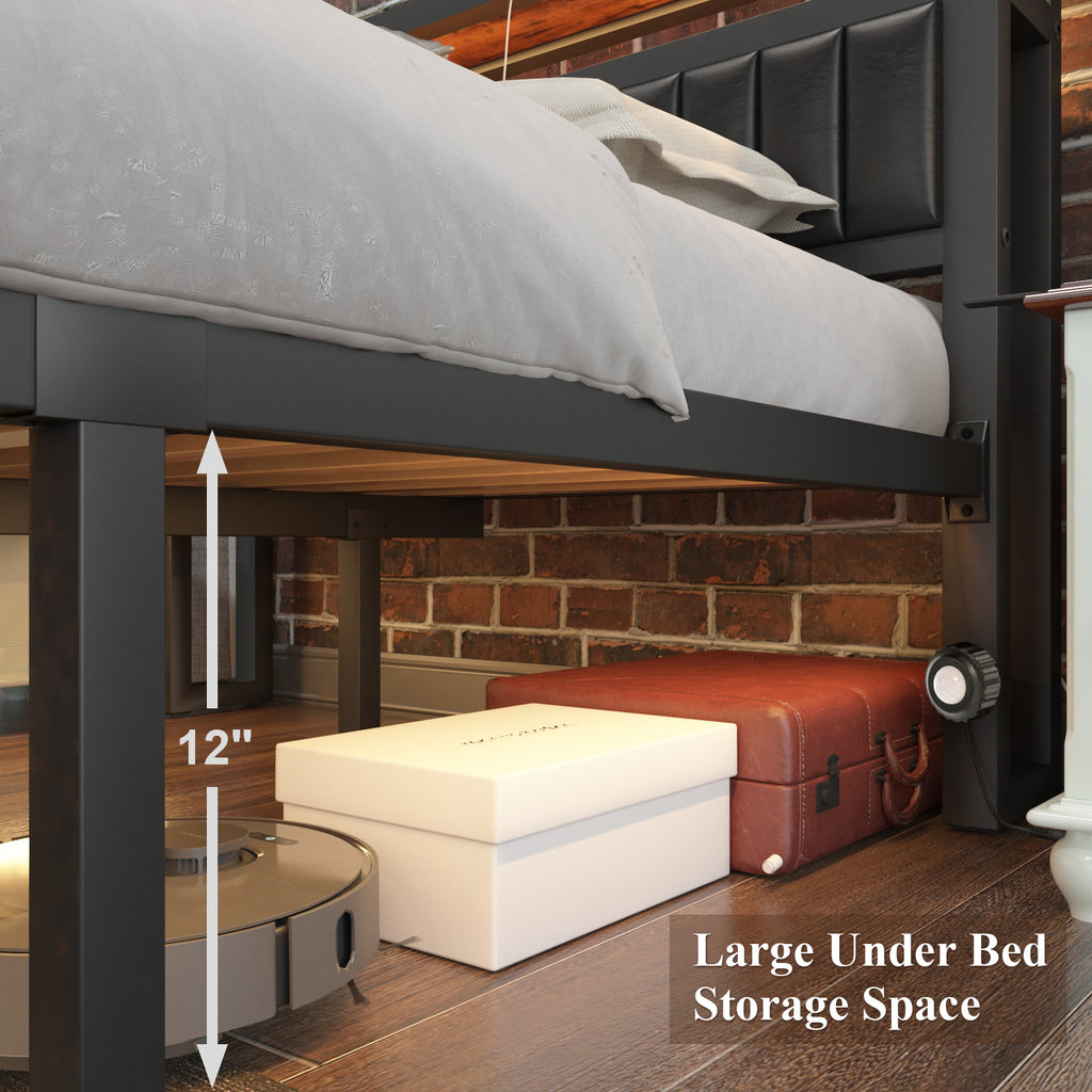 Full Bed Frame with Storage Headboard and LED Lights, Charging Station, Black k7