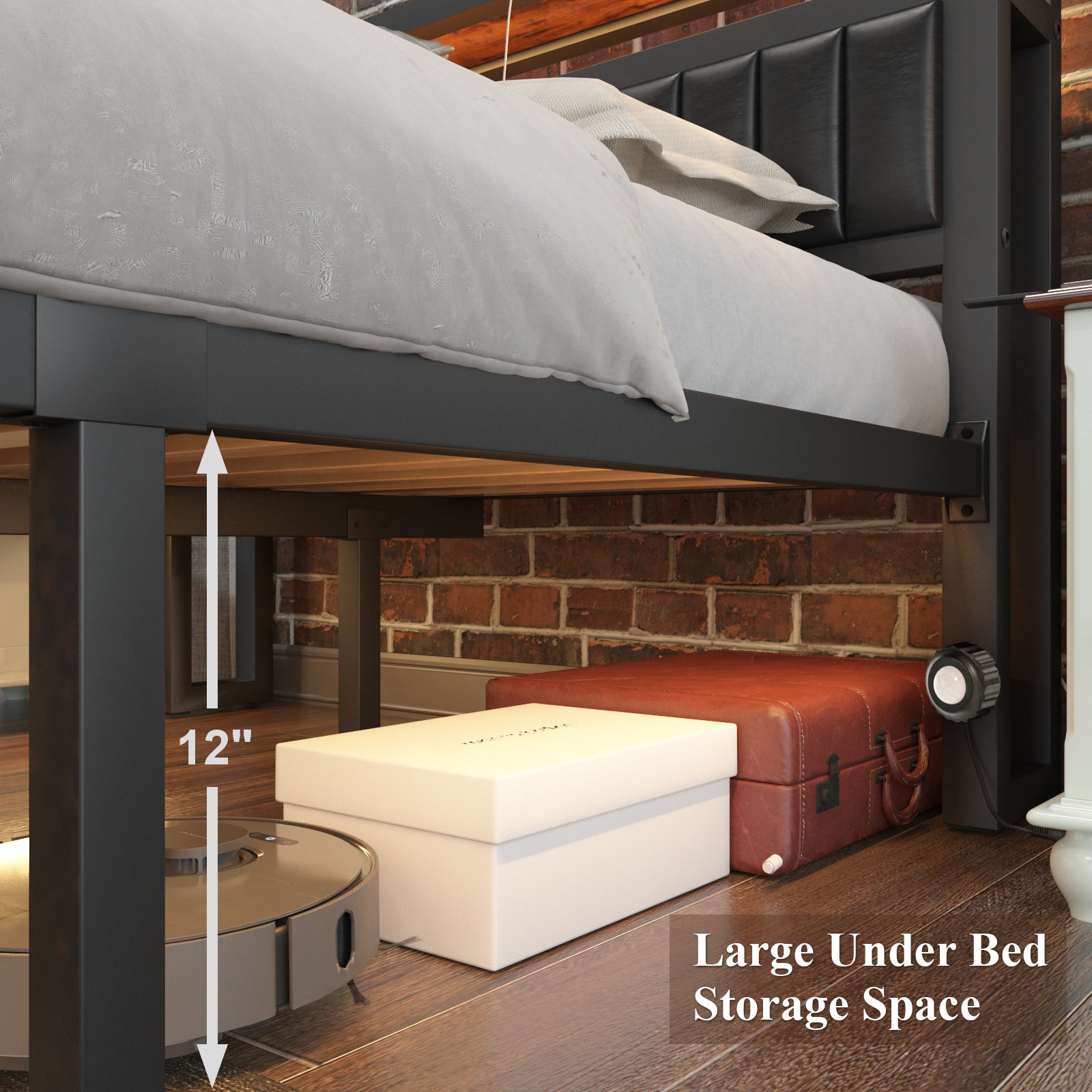 Full Bed Frame with Storage Headboard and LED Lights, Charging Station, Black k7