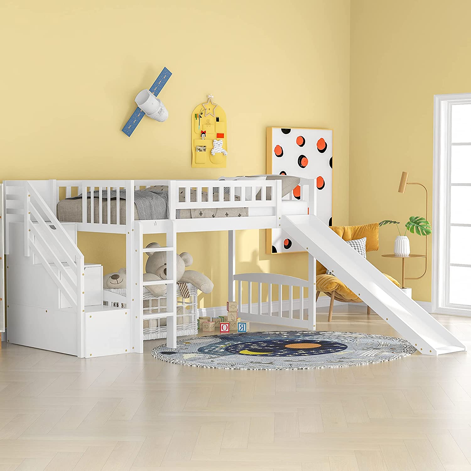 Loft Bed with Slide and Stairs, Wooden Frame with Storage, White k7
