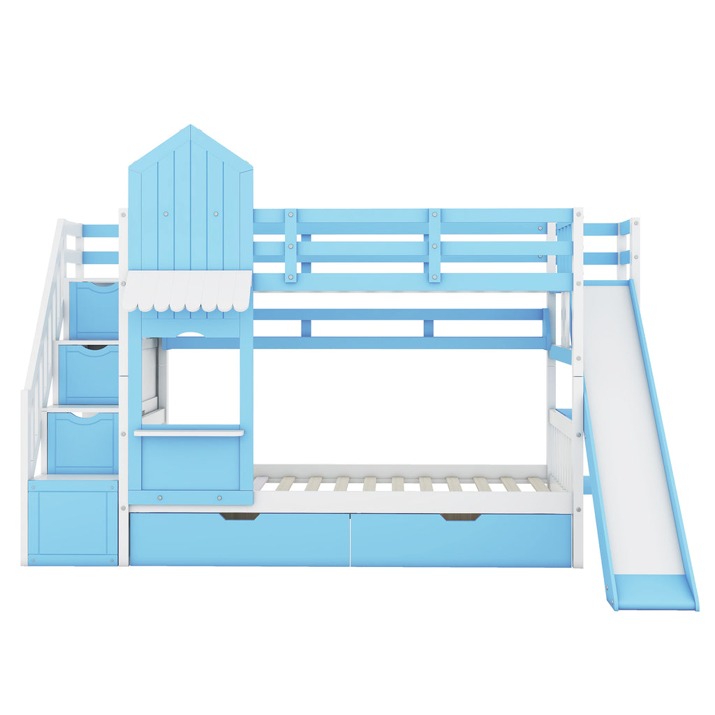 Kids Twin Bunk Bed with Slide and Drawers a7