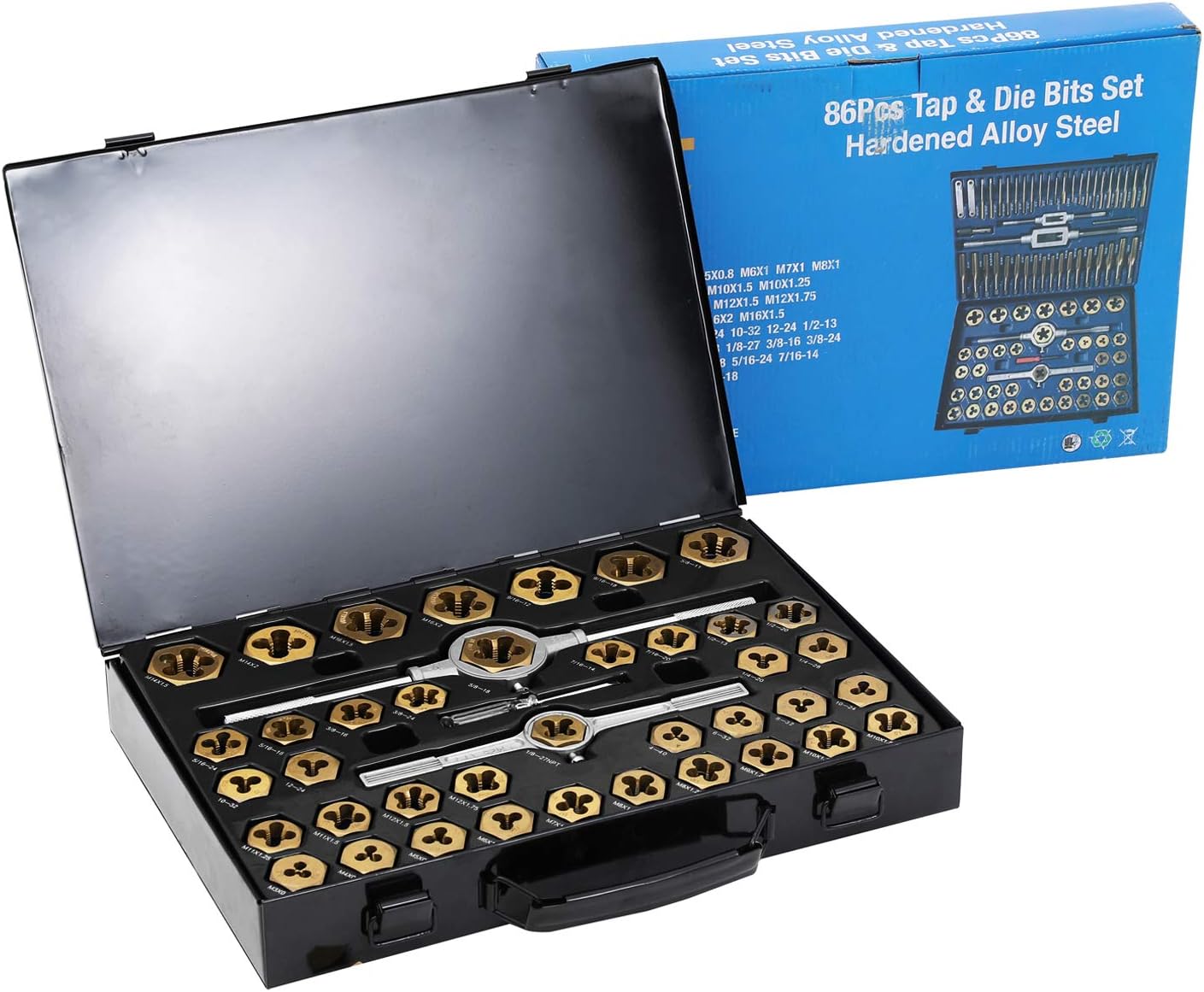 86 Piece Metric SAE Tap and Die Set, Titanium Coated with Case A7