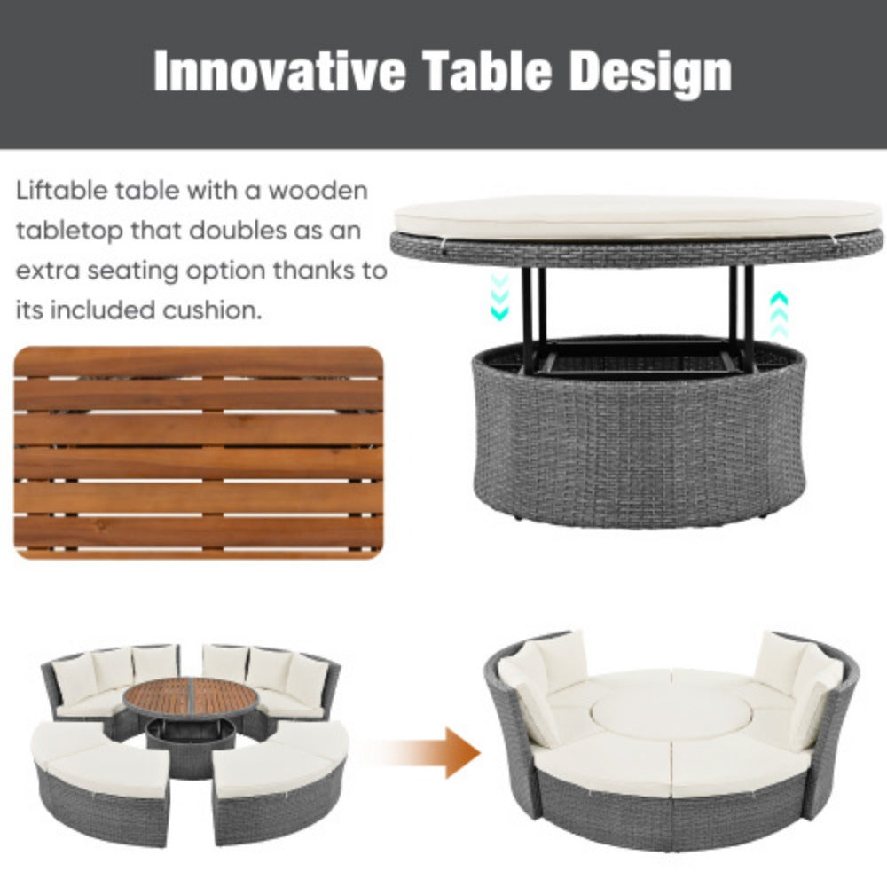 Patio 5-Piece Round Rattan Sectional Sofa Set with Liftable Table a7