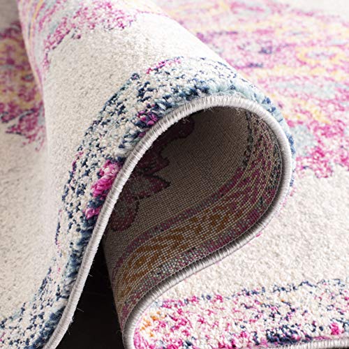 Runner Rug 2x6 Ivory Fuchsia Medallion Distressed k7