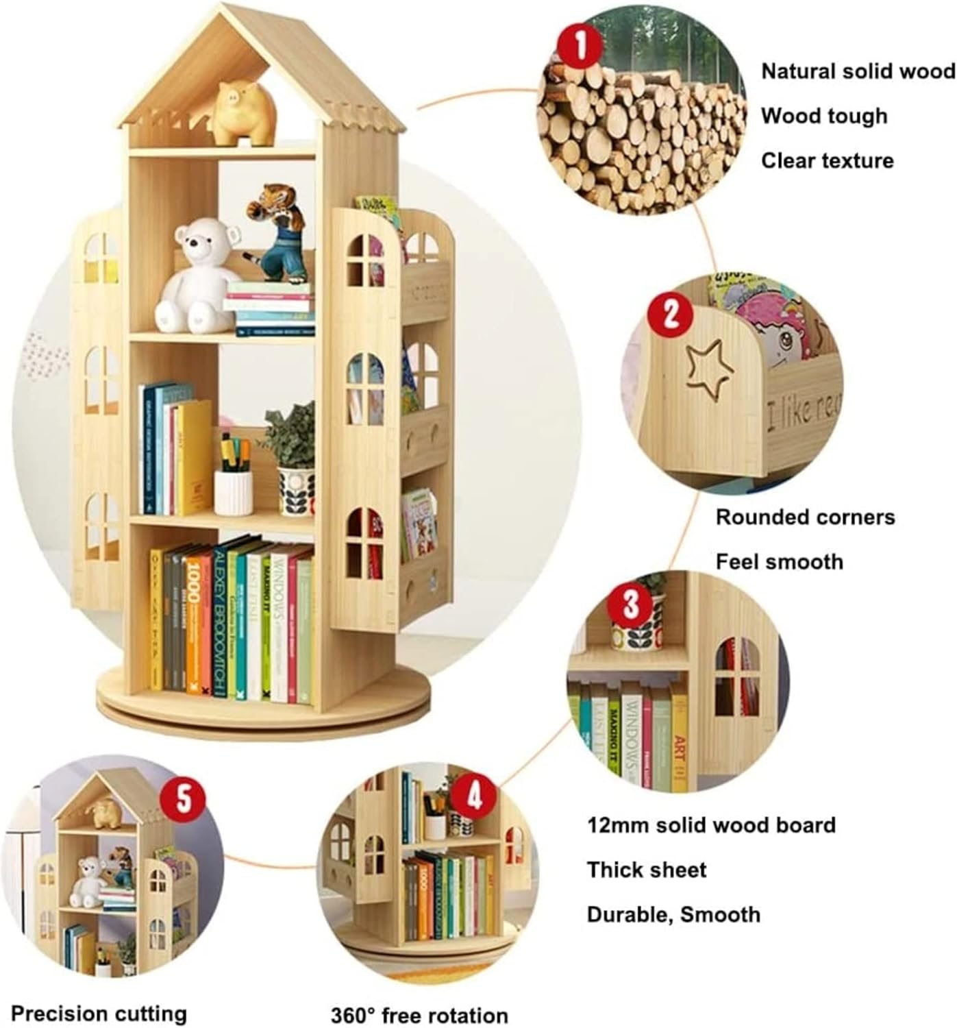 4-Tier Rotating House-Shaped Bookshelf for Home Office a7