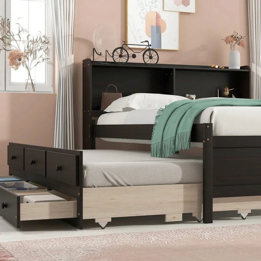 Bed with Bookcase Twin Trundle Drawers Espresso q7