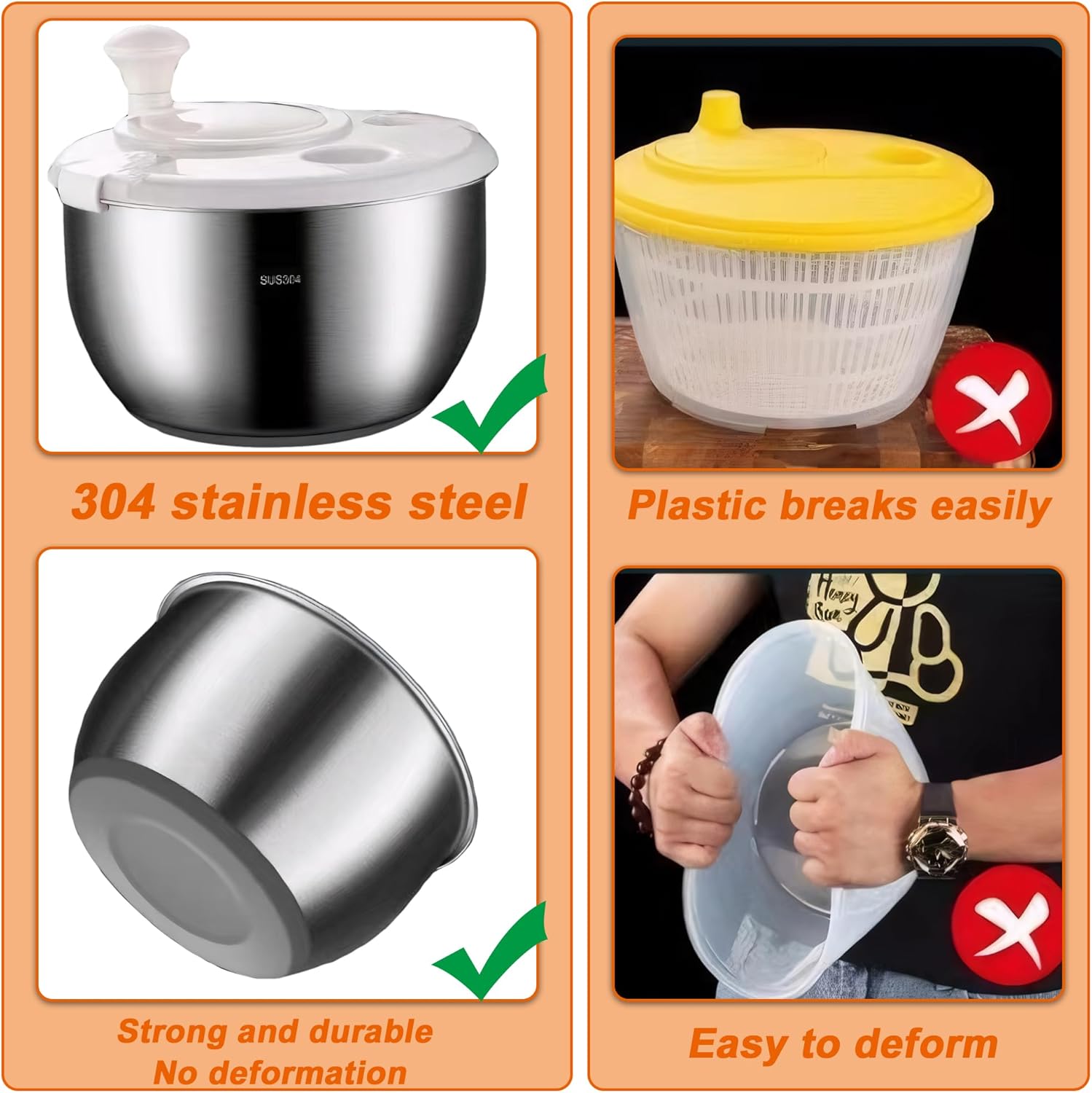 Large Salad Spinner 6L Stainless Steel with Washing Basket a7