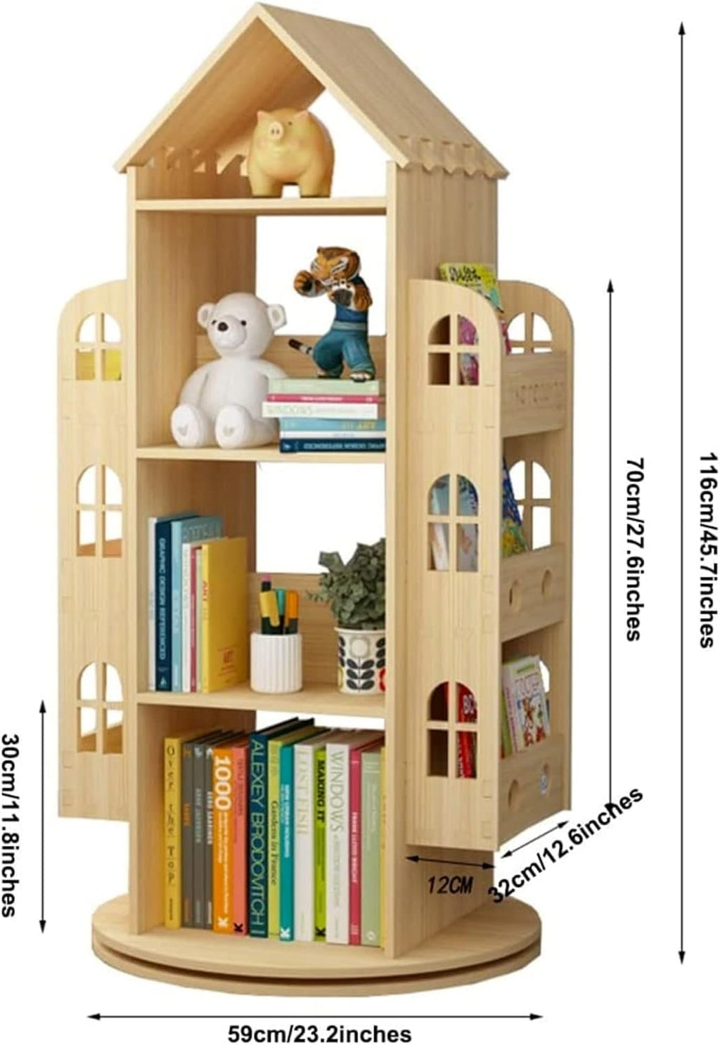 4-Tier Rotating House-Shaped Bookshelf for Home Office a7