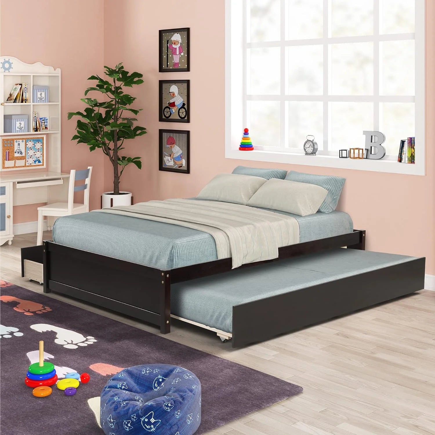 Full Platform Bed with Trundle and Drawers Espresso k7