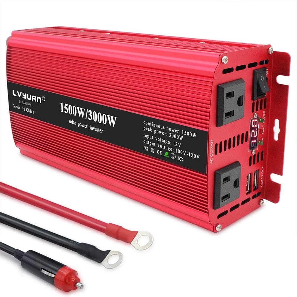1500W Car Power Inverter 12V to 110V DC to AC Dual Outlets USB Ports k7