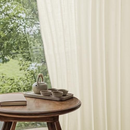 Natural Pinch Pleated Curtains 2 Panels, Linen Textured Semi Sheer 84 Inch, Light Filtering Voile Drapes a7