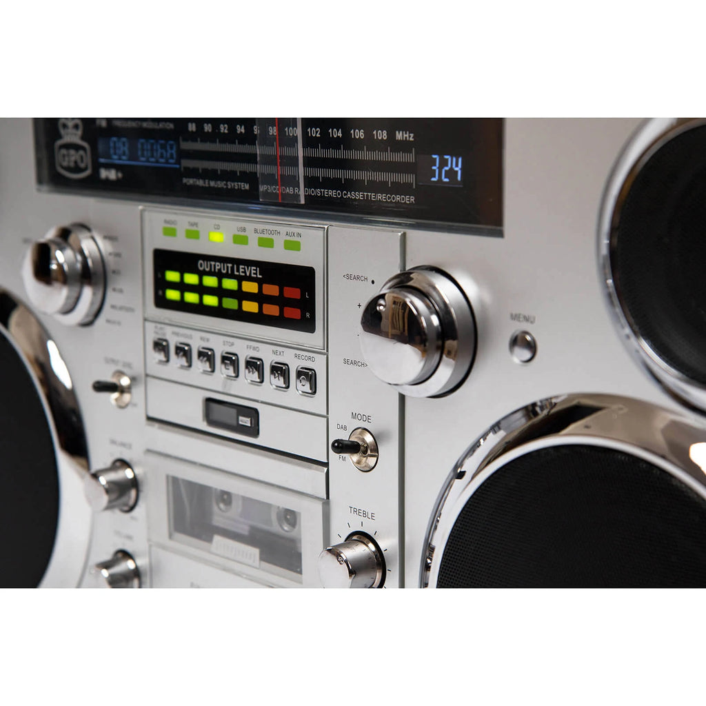 Bluetooth Boombox 80W CD Cassette FM USB Silver k7