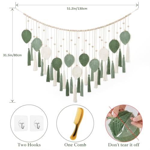 Macrame Wall Hanging Beige Green Boho Tapestry Wooden Beads Handmade Decor k7