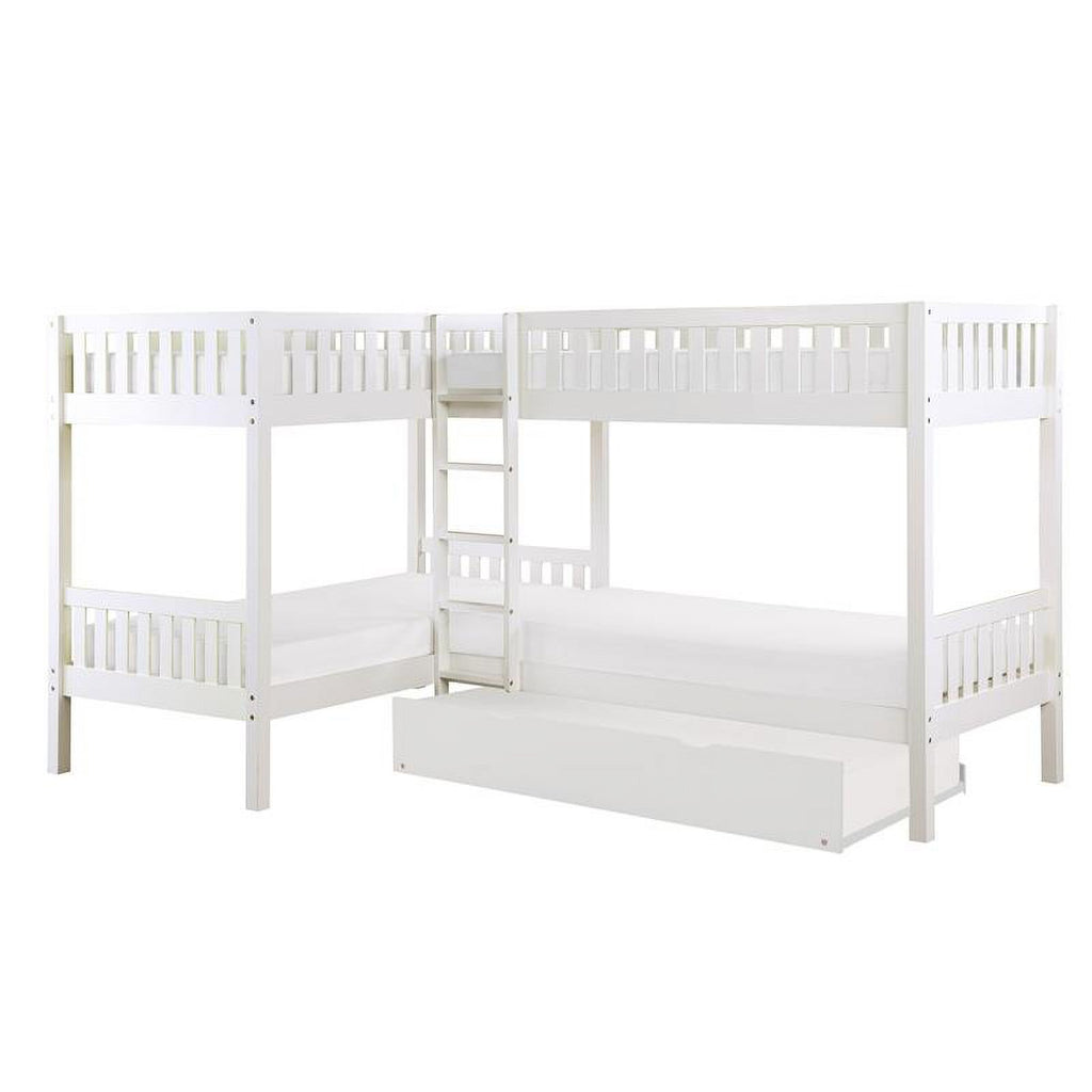 Wood Corner Bunk Bed with Twin Trundle White k7