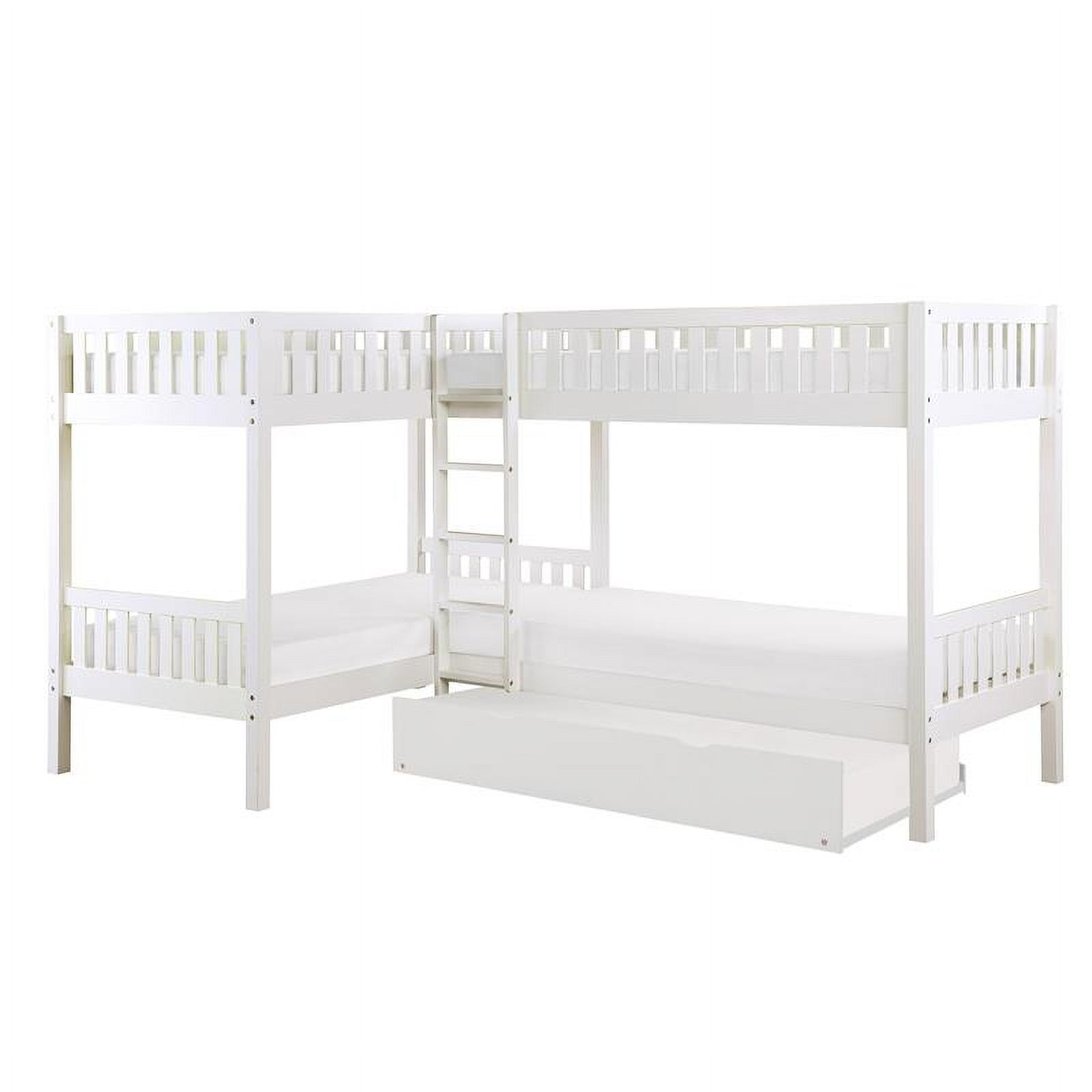 Wood Corner Bunk Bed with Twin Trundle White k7