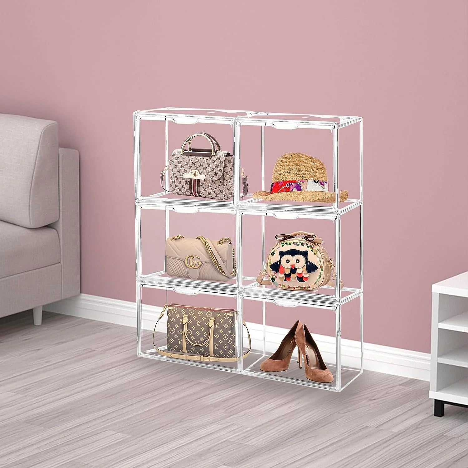 Acrylic Purse Organizer Box with Magnetic Door Stackable Storage Bins A7